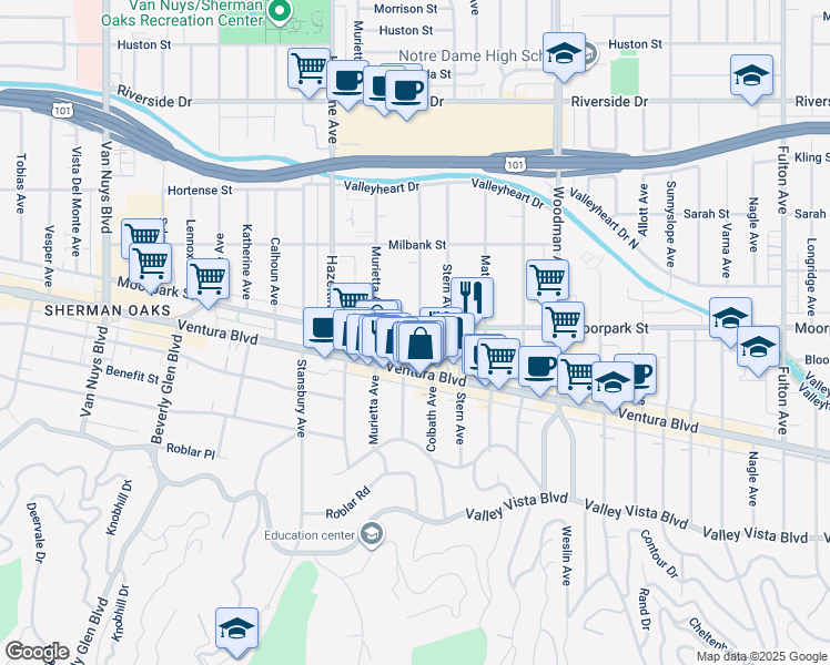 map of restaurants, bars, coffee shops, grocery stores, and more near 13951 Moorpark Street in Los Angeles