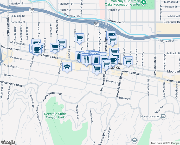 map of restaurants, bars, coffee shops, grocery stores, and more near 4319 Cedros Avenue in Los Angeles
