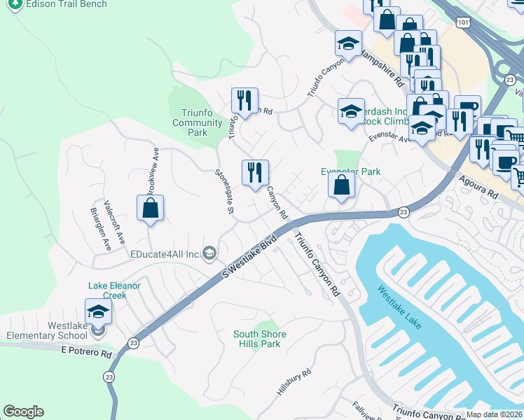 map of restaurants, bars, coffee shops, grocery stores, and more near 2073 Stonesgate Street in Westlake Village