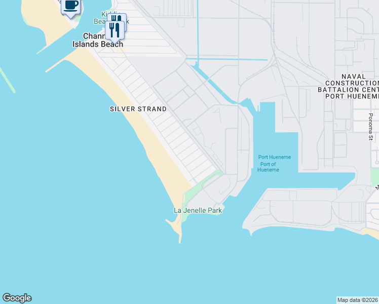 map of restaurants, bars, coffee shops, grocery stores, and more near 153 Island View Avenue in Oxnard