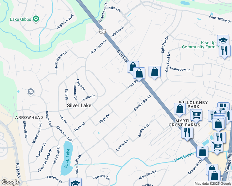 map of restaurants, bars, coffee shops, grocery stores, and more near 118B Horn Road in Wilmington