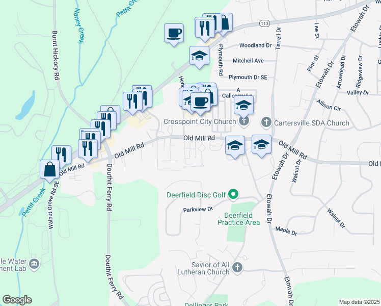 map of restaurants, bars, coffee shops, grocery stores, and more near 370 Old Mill Road in Cartersville
