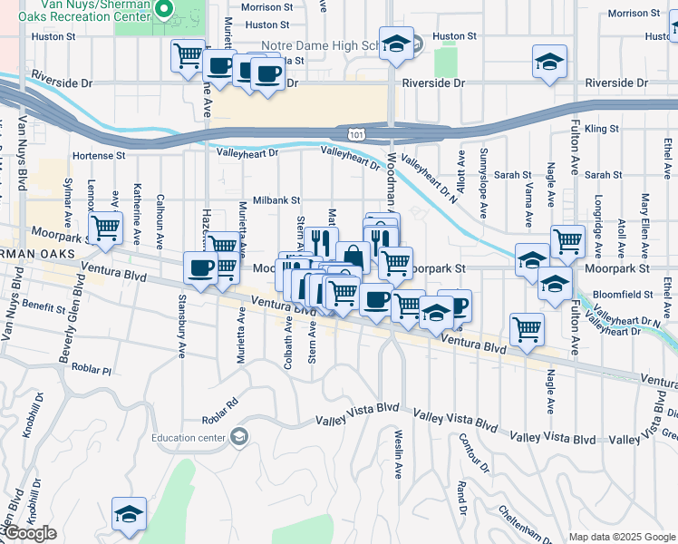 map of restaurants, bars, coffee shops, grocery stores, and more near 4410 Matilija Avenue in Los Angeles
