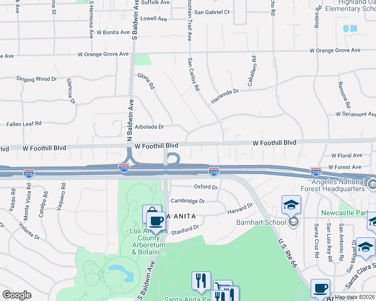 map of restaurants, bars, coffee shops, grocery stores, and more near 1047 Loma Lisa Lane in Arcadia