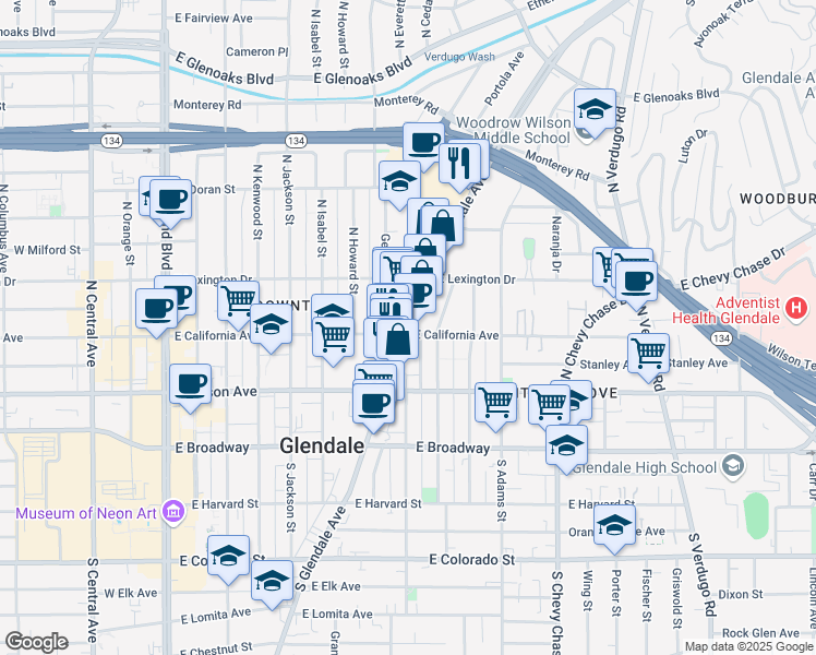 map of restaurants, bars, coffee shops, grocery stores, and more near 301 North Belmont Street in Glendale