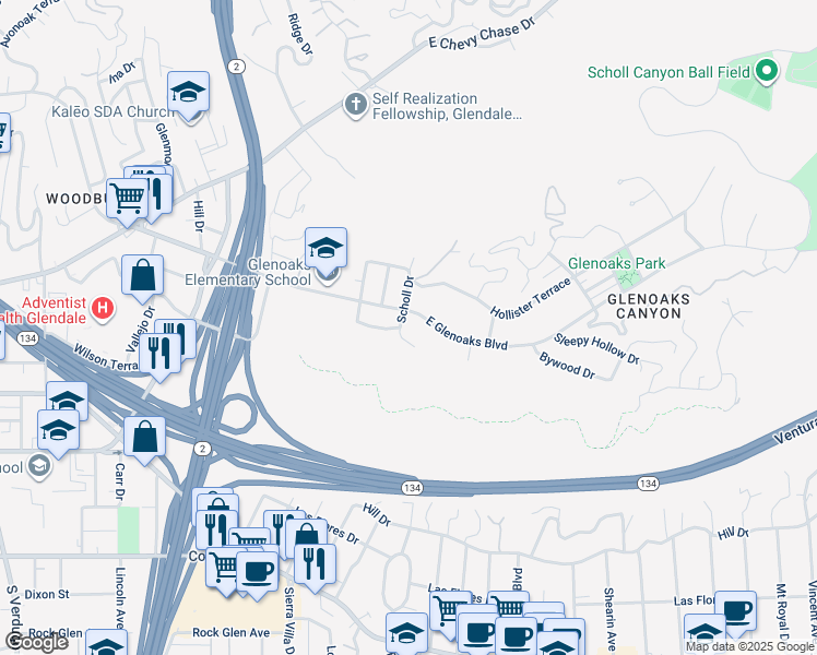 map of restaurants, bars, coffee shops, grocery stores, and more near 370 Scholl Drive in Glendale