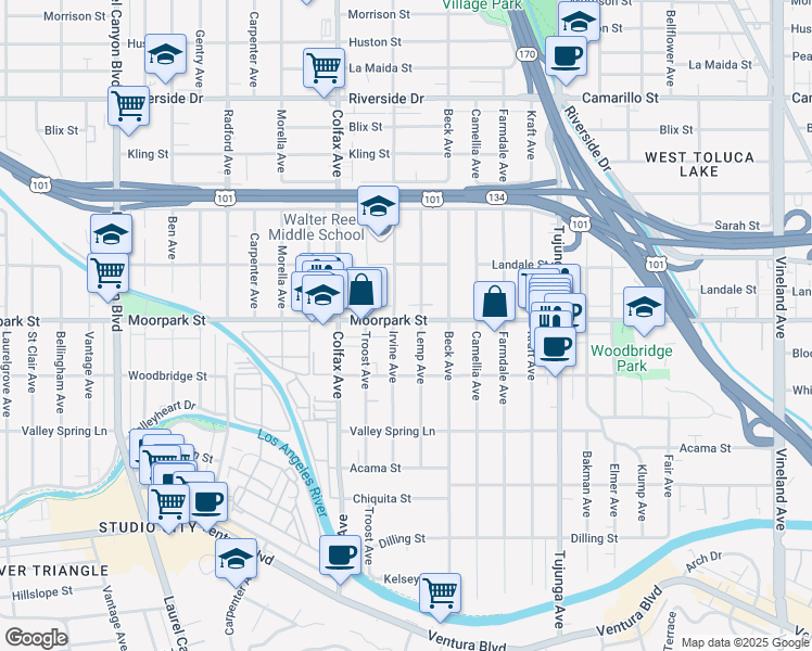 map of restaurants, bars, coffee shops, grocery stores, and more near 11582 Moorpark Street in Los Angeles