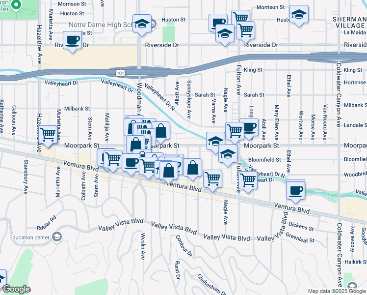 map of restaurants, bars, coffee shops, grocery stores, and more near 4411 Allott Avenue in Los Angeles
