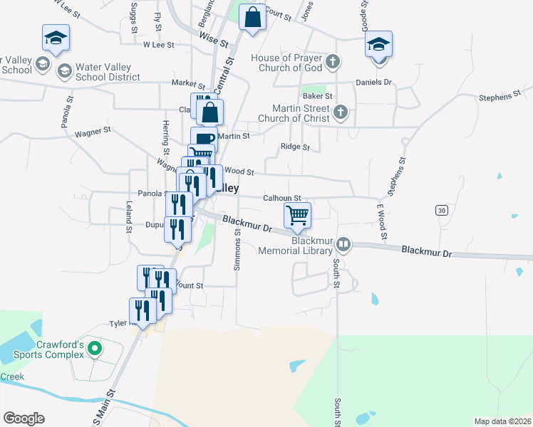 map of restaurants, bars, coffee shops, grocery stores, and more near 210 Judson Drive in Water Valley