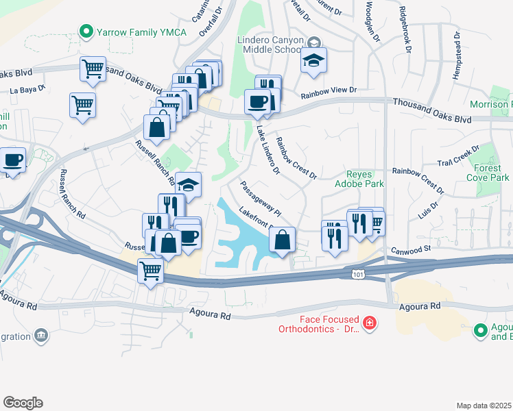 map of restaurants, bars, coffee shops, grocery stores, and more near 30716 Passageway Place in Agoura Hills