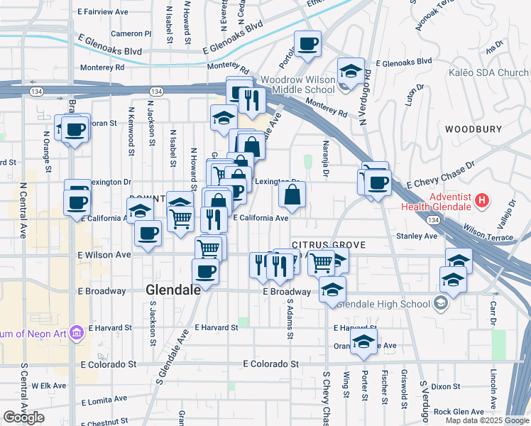 map of restaurants, bars, coffee shops, grocery stores, and more near 301 North Belmont Street in Glendale