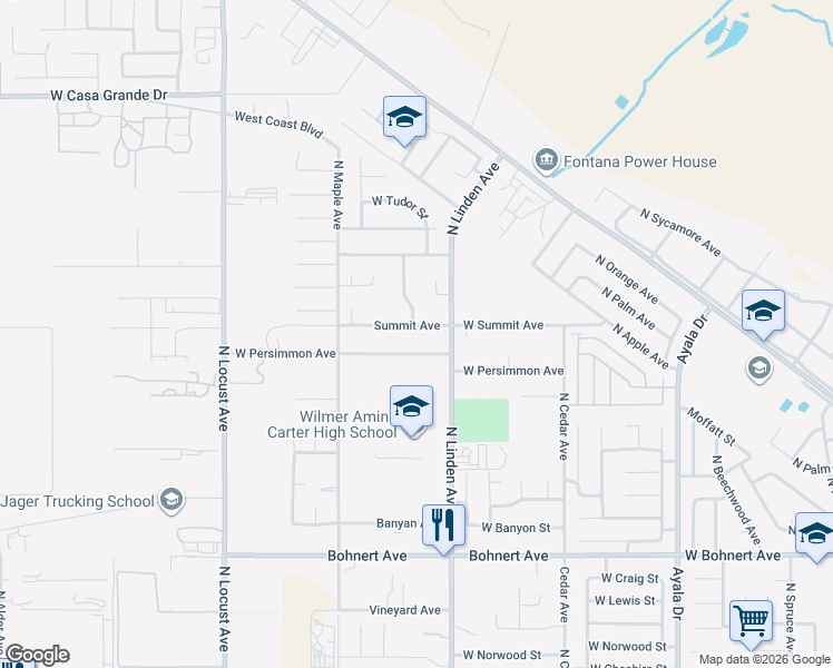 map of restaurants, bars, coffee shops, grocery stores, and more near 1569 West Summit Avenue in Rialto