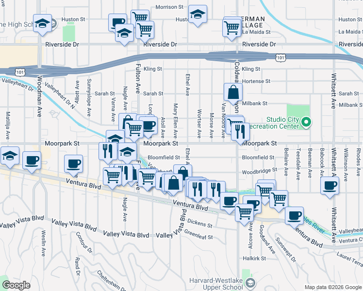 map of restaurants, bars, coffee shops, grocery stores, and more near 13112 Moorpark Street in Los Angeles