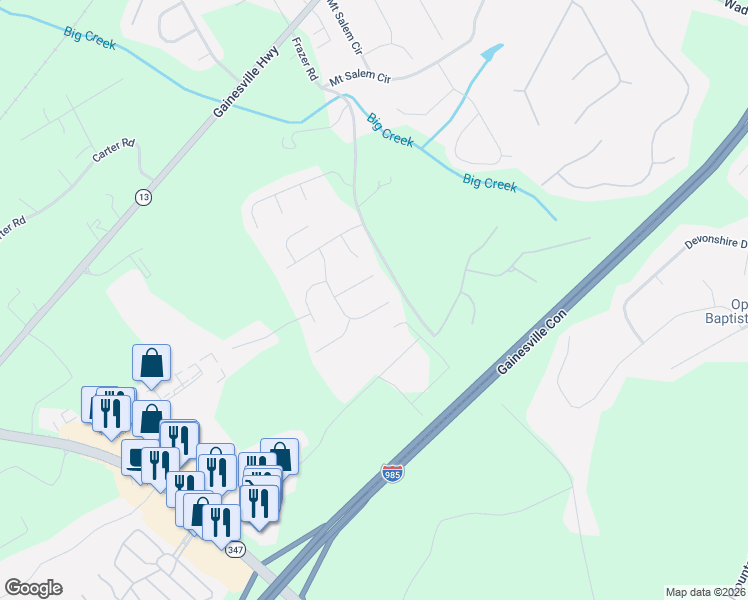 map of restaurants, bars, coffee shops, grocery stores, and more near 5397 Timber Wild Lane in Buford