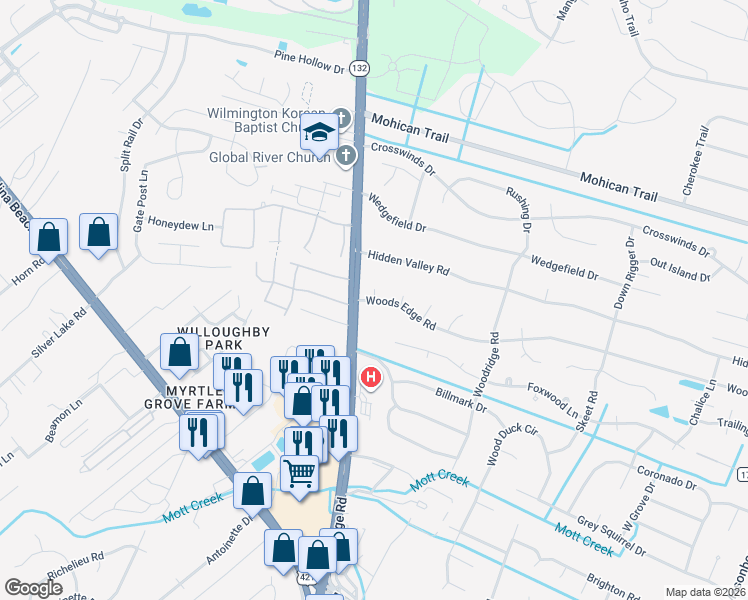map of restaurants, bars, coffee shops, grocery stores, and more near 4705 Woods Edge Road in Wilmington