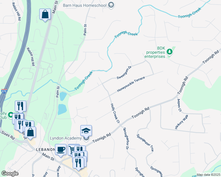 map of restaurants, bars, coffee shops, grocery stores, and more near 421 Sweetgum Drive in Woodstock