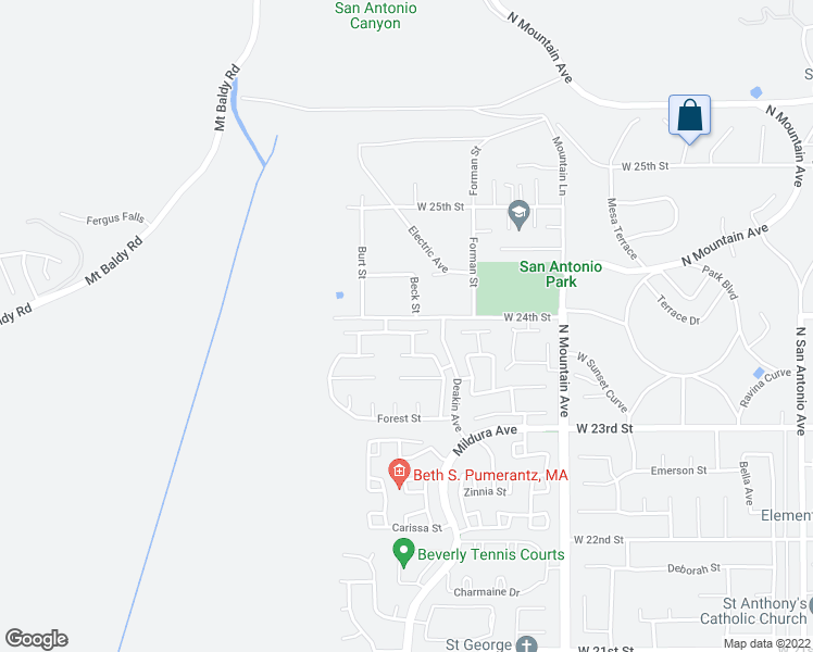 map of restaurants, bars, coffee shops, grocery stores, and more near 1435 Highpoint Street in Upland