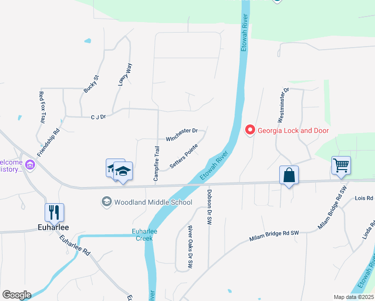 map of restaurants, bars, coffee shops, grocery stores, and more near 21 Setters Pointe in Euharlee