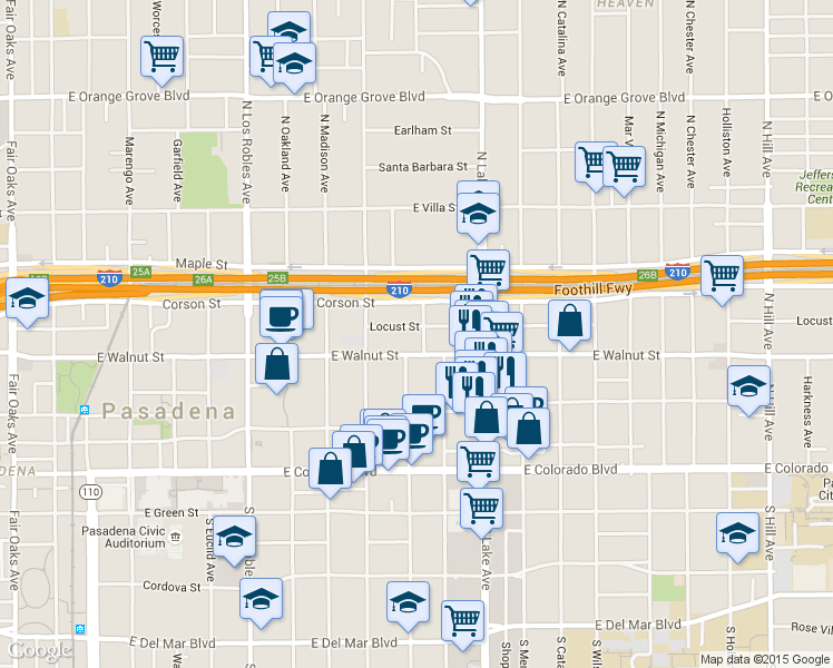 map of restaurants, bars, coffee shops, grocery stores, and more near 742 Locust Street in Pasadena