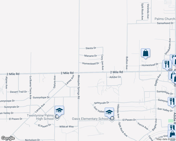 map of restaurants, bars, coffee shops, grocery stores, and more near 72972 2 Mile Road in Twentynine Palms