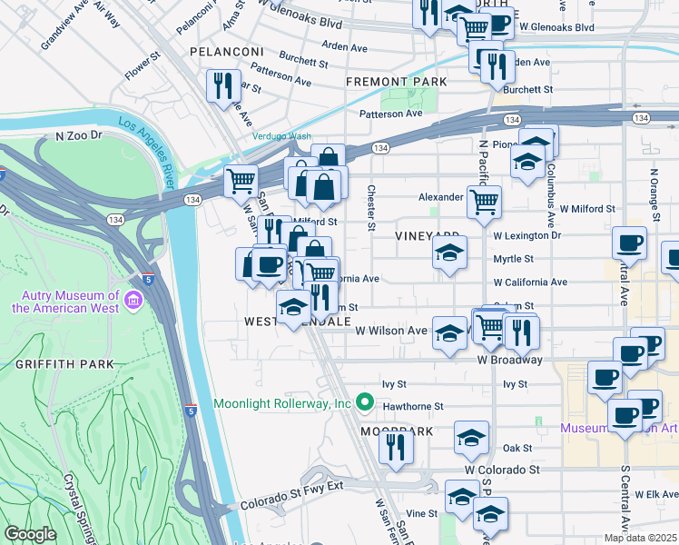 map of restaurants, bars, coffee shops, grocery stores, and more near 735 West California Avenue in Glendale