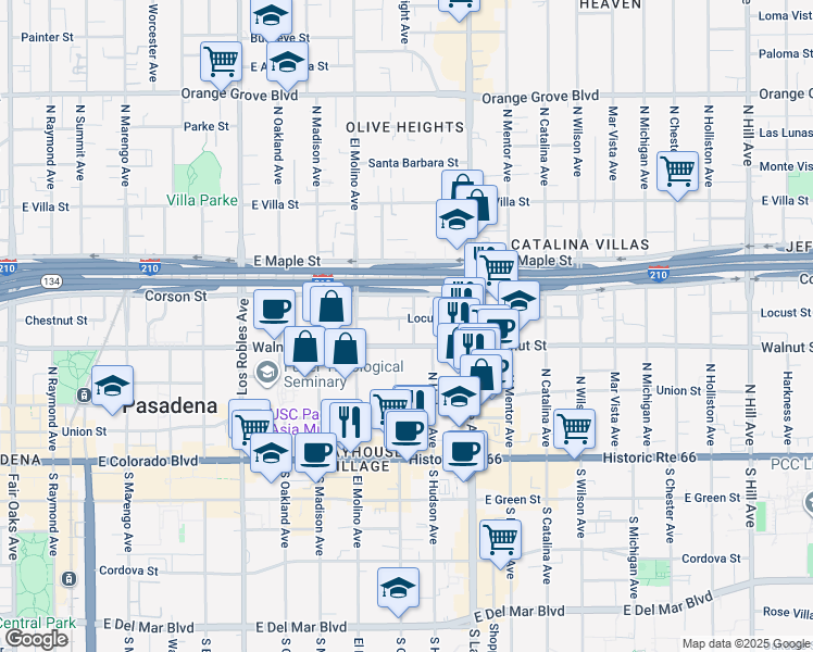 map of restaurants, bars, coffee shops, grocery stores, and more near 742 Locust Street in Pasadena