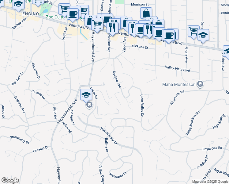 map of restaurants, bars, coffee shops, grocery stores, and more near 16313 Celinda Place in Los Angeles