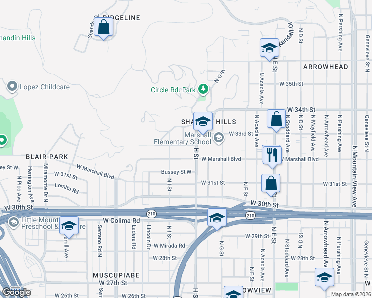 map of restaurants, bars, coffee shops, grocery stores, and more near 839 West Edgemont Drive in San Bernardino