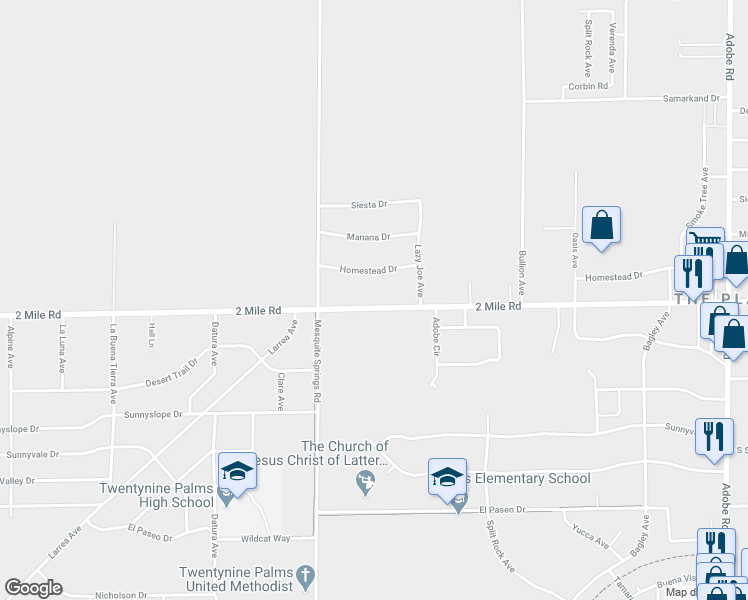 map of restaurants, bars, coffee shops, grocery stores, and more near 73016 2 Mile Road in Twentynine Palms