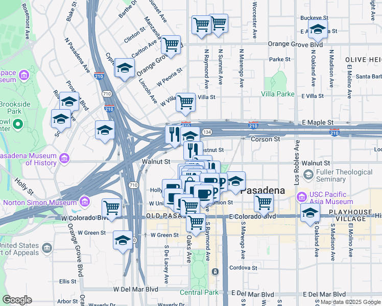 map of restaurants, bars, coffee shops, grocery stores, and more near 42 Chestnut Street in Pasadena