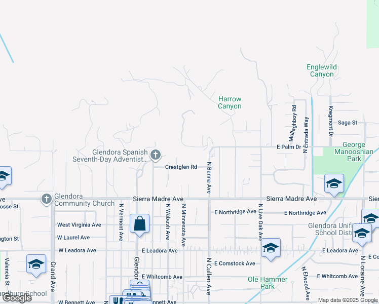 map of restaurants, bars, coffee shops, grocery stores, and more near 410 Conifer Road in Glendora