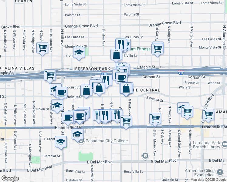 map of restaurants, bars, coffee shops, grocery stores, and more near 1769 East Walnut Street in Pasadena