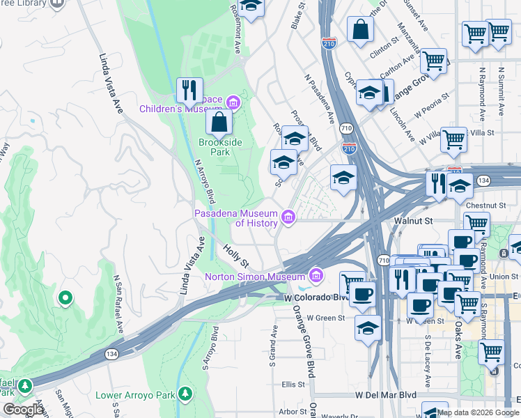 map of restaurants, bars, coffee shops, grocery stores, and more near 201 North Orange Grove Boulevard in Pasadena
