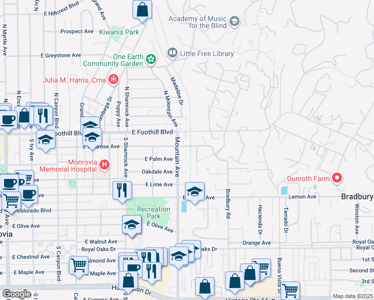 map of restaurants, bars, coffee shops, grocery stores, and more near 918 Wildrose Avenue in Monrovia