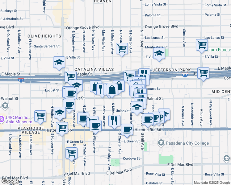 map of restaurants, bars, coffee shops, grocery stores, and more near 252 North Michigan Avenue in Pasadena