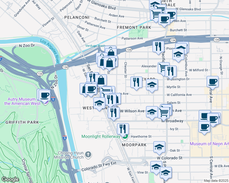 map of restaurants, bars, coffee shops, grocery stores, and more near 735 West California Avenue in Glendale