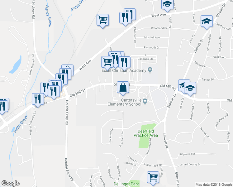 map of restaurants, bars, coffee shops, grocery stores, and more near 370 Old Mill Road in Cartersville