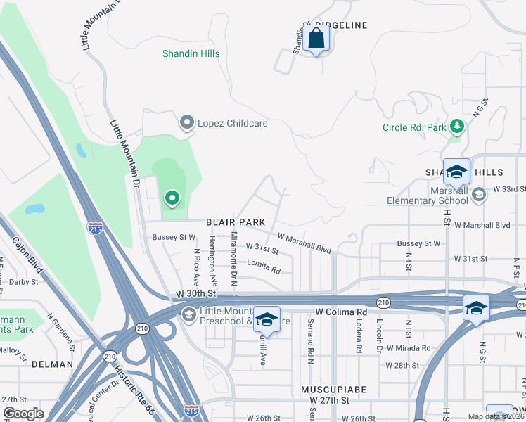 map of restaurants, bars, coffee shops, grocery stores, and more near 3245 North Turrill Court in San Bernardino