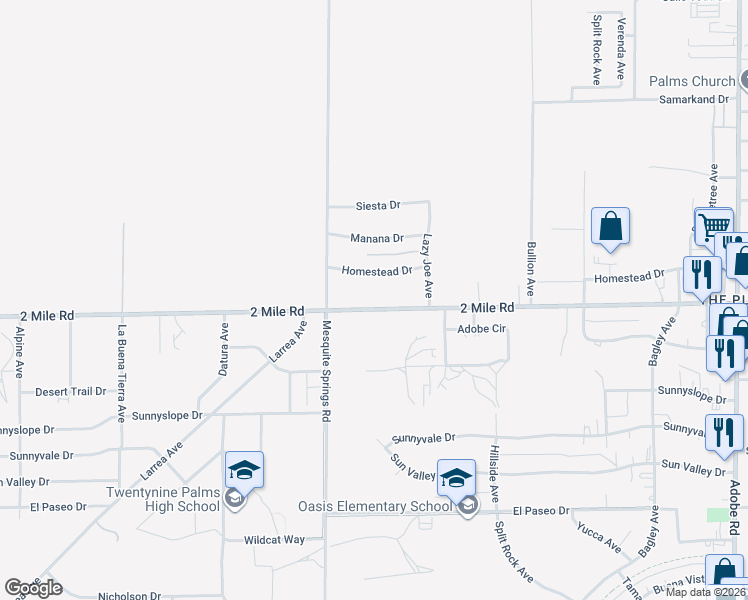 map of restaurants, bars, coffee shops, grocery stores, and more near 72996 2 Mile Road in Twentynine Palms