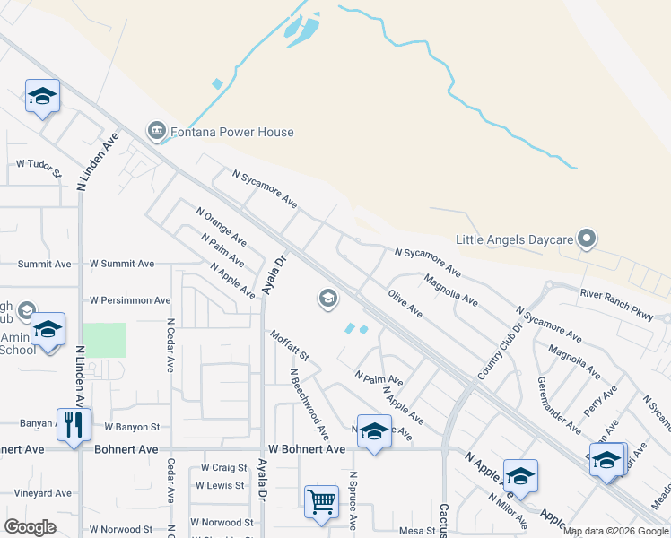 map of restaurants, bars, coffee shops, grocery stores, and more near 5644 Olive Avenue in Rialto