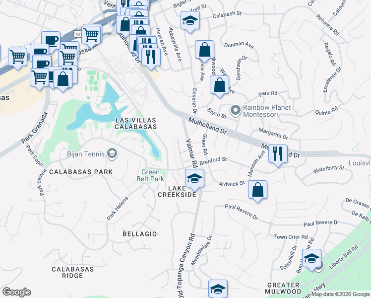 map of restaurants, bars, coffee shops, grocery stores, and more near 23039 Park Privado in Calabasas