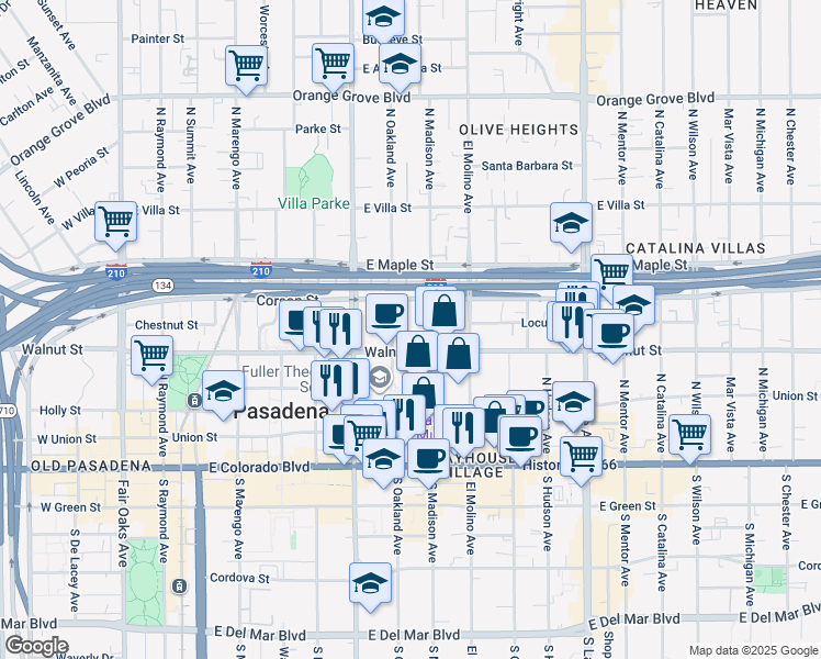 map of restaurants, bars, coffee shops, grocery stores, and more near West Hammond Street in Pasadena