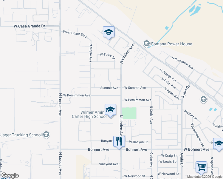 map of restaurants, bars, coffee shops, grocery stores, and more near 1569 West Summit Avenue in Rialto