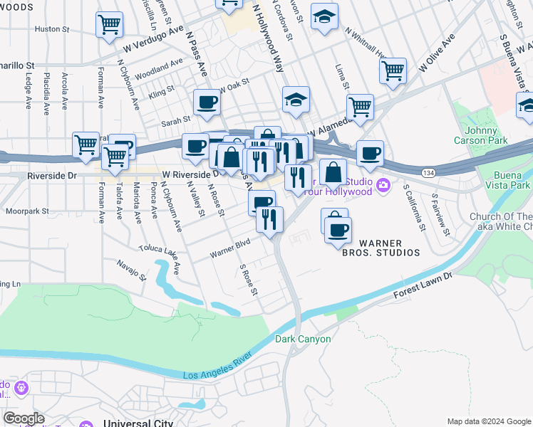 map of restaurants, bars, coffee shops, grocery stores, and more near 124 North Pass Avenue in Burbank
