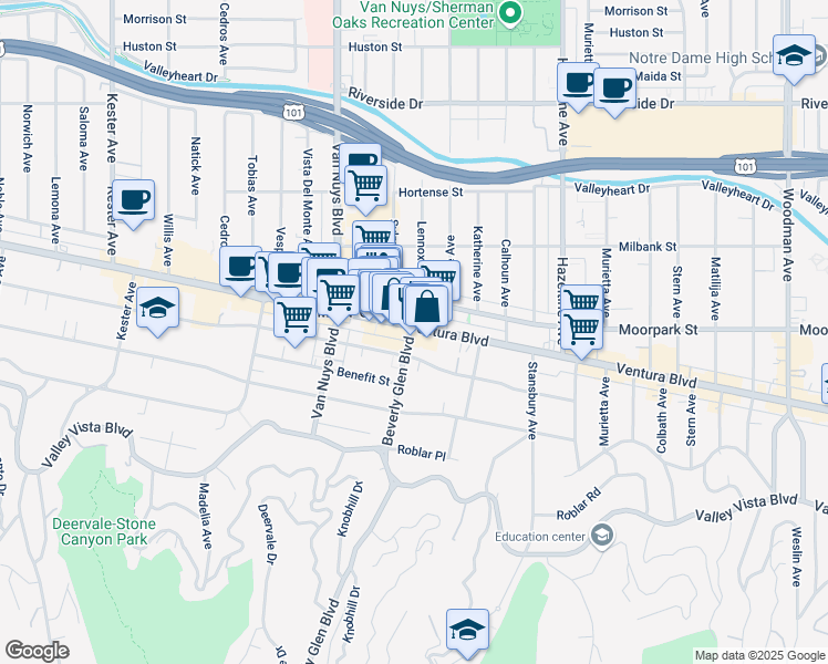 map of restaurants, bars, coffee shops, grocery stores, and more near 14396 Ventura Boulevard in Los Angeles