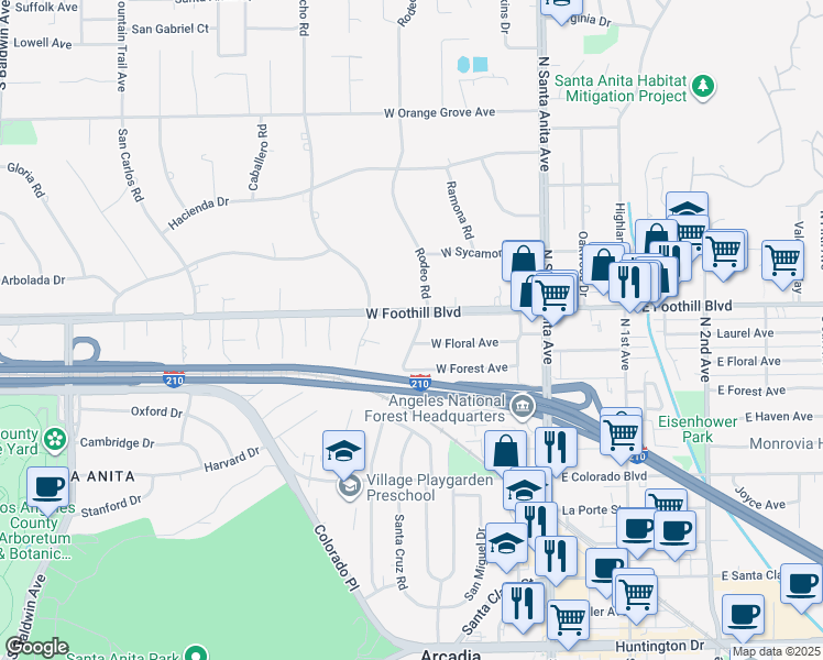 map of restaurants, bars, coffee shops, grocery stores, and more near 1011 Rodeo Road in Arcadia