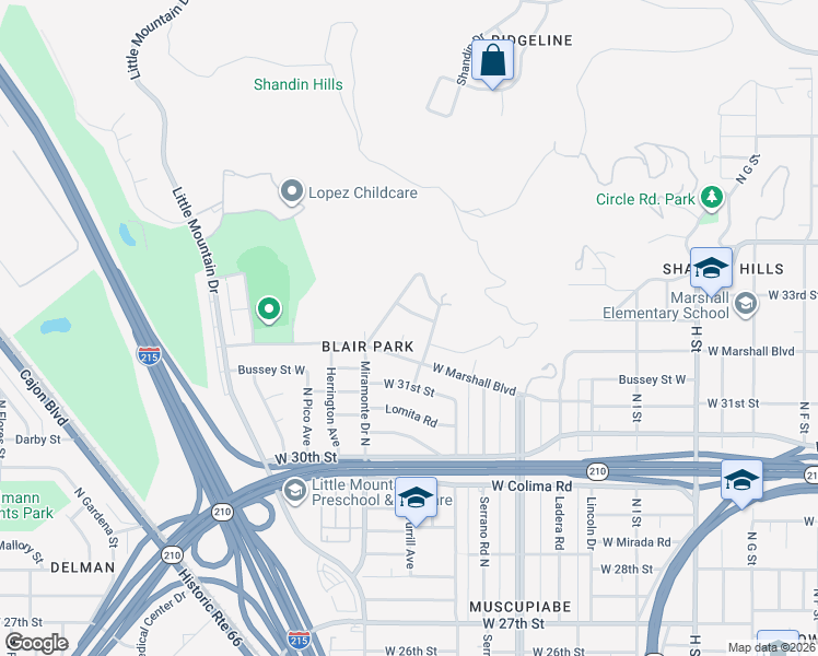 map of restaurants, bars, coffee shops, grocery stores, and more near 3245 North Turrill Court in San Bernardino