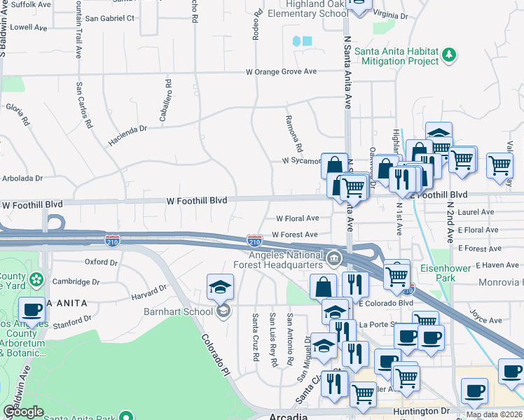 map of restaurants, bars, coffee shops, grocery stores, and more near 1016 Rodeo Road in Arcadia