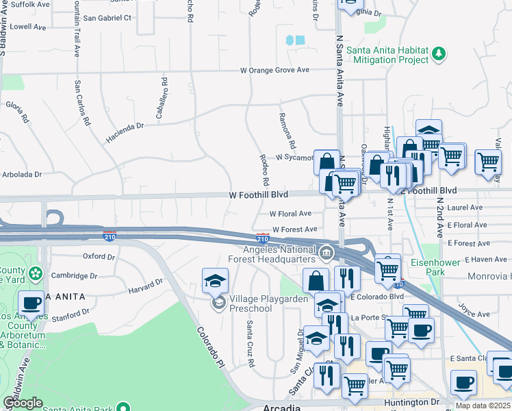 map of restaurants, bars, coffee shops, grocery stores, and more near 1011 Rodeo Road in Arcadia