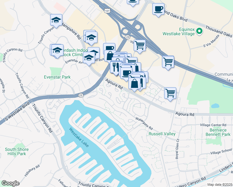 map of restaurants, bars, coffee shops, grocery stores, and more near 1117 Canterford Circle in Westlake Village